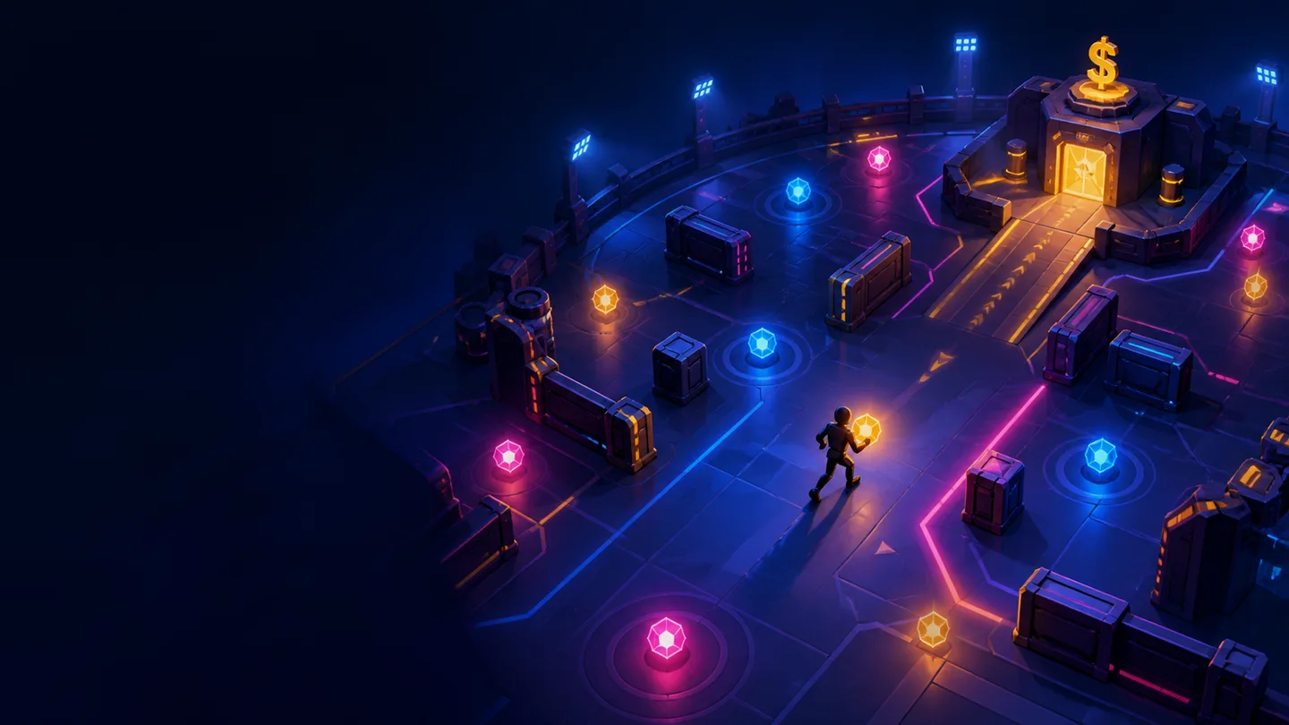 Original editorial illustration of an abstract arena runner carrying a glowing collectible toward a safe base